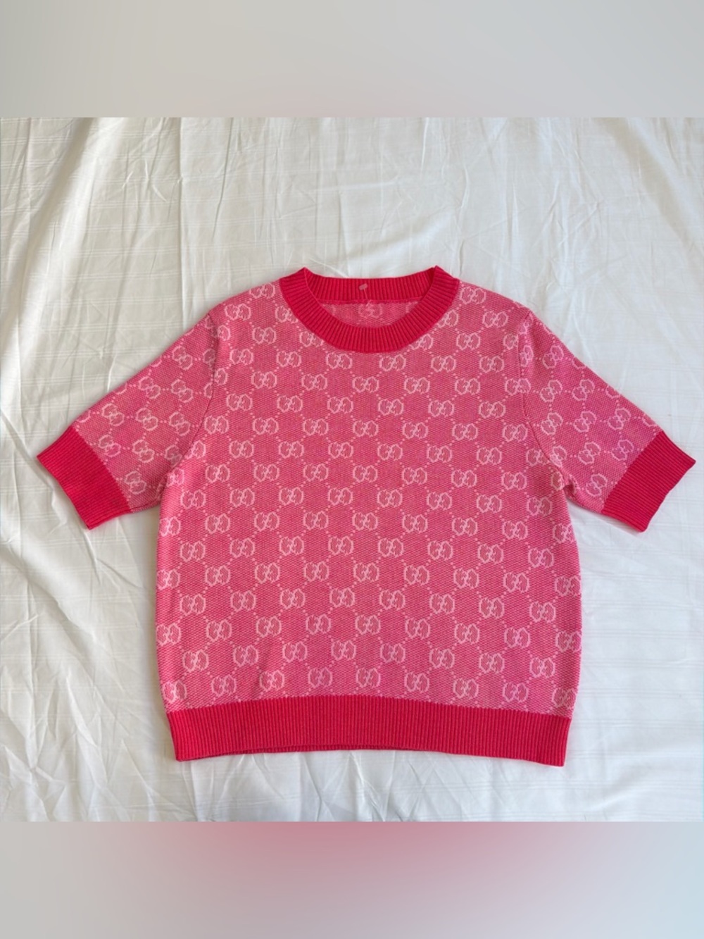 GG cashmere wool Pink Logo Short-Sleeve Knit Sweater